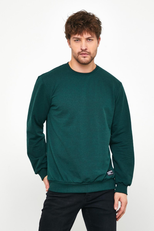 Erkek Koyu Yeşil Bisiklet Yaka Sweatshirt