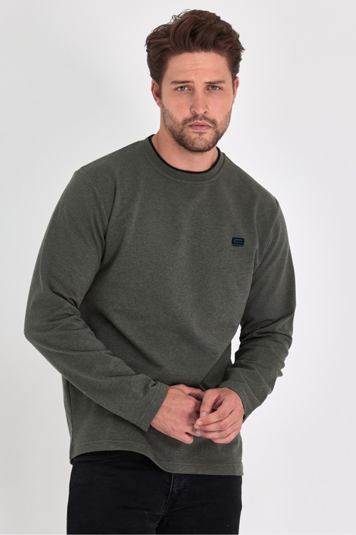 Erkek Lacivert Çift Bisiklet Yaka Baskı Detaylı Standart Rahat Kesim Sweatshirt