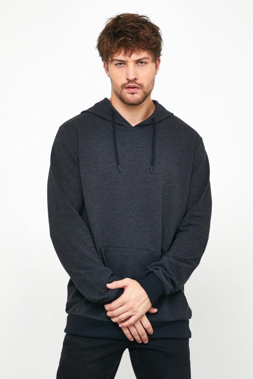 Erkek Siyah Sweatshirt Kapüşonlu Cepli Regular Fit