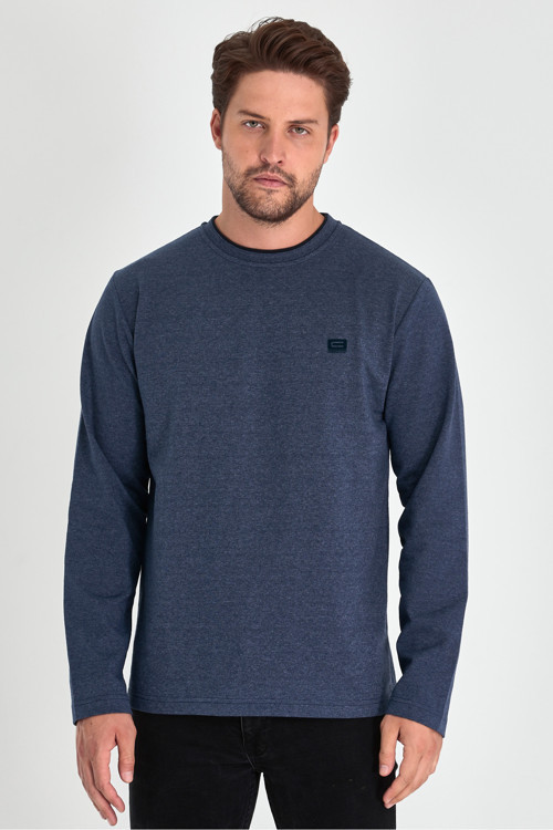 Erkek Lacivert Çift Bisiklet Yaka Baskı Detaylı Standart Rahat Kesim Sweatshirt