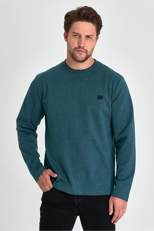 Erkek Lacivert Çift Bisiklet Yaka Baskı Detaylı Standart Rahat Kesim Sweatshirt