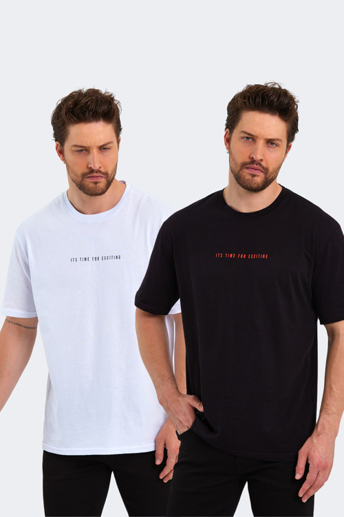 Erkek Baskılı Basic Oversize Bisiklet Yaka 2'Li Pamuklu T-Shirt