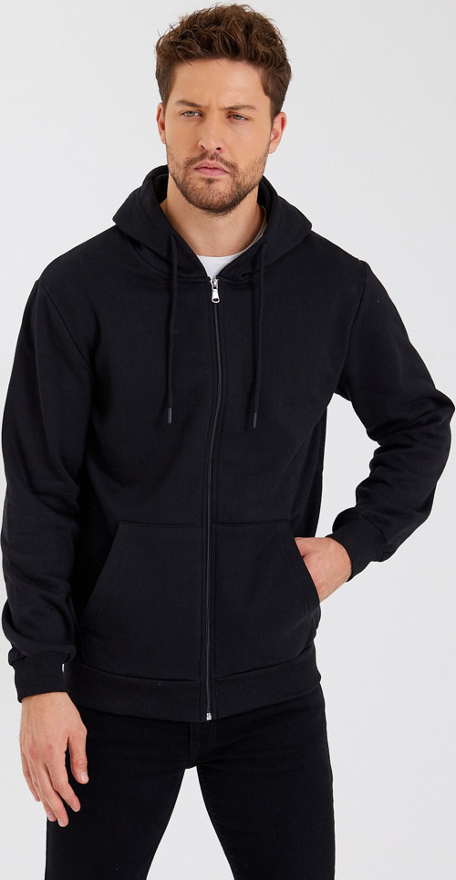 Siyah Kanguru Cepli Kapüşonlu Fermuarlı Içi Pamuklu Erkek Sweatshirt