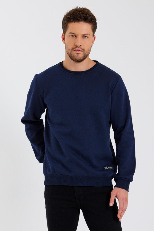 Lacivert Bisiklet Yaka Etiket Detaylı Içi Pamuklu Erkek Sweatshirt
