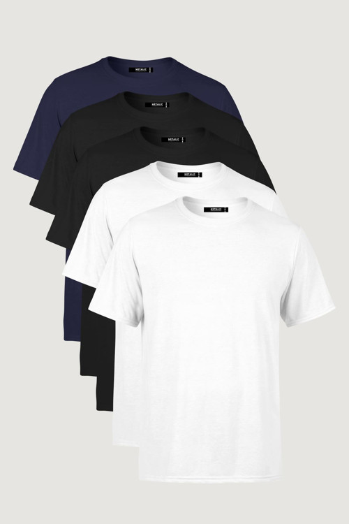 Erkek Çok Renkli %100 Pamuk T- Shirt Regular Fit Rahat Kesim Bisiklet Yaka 5'Li Basic Tişört Paketi