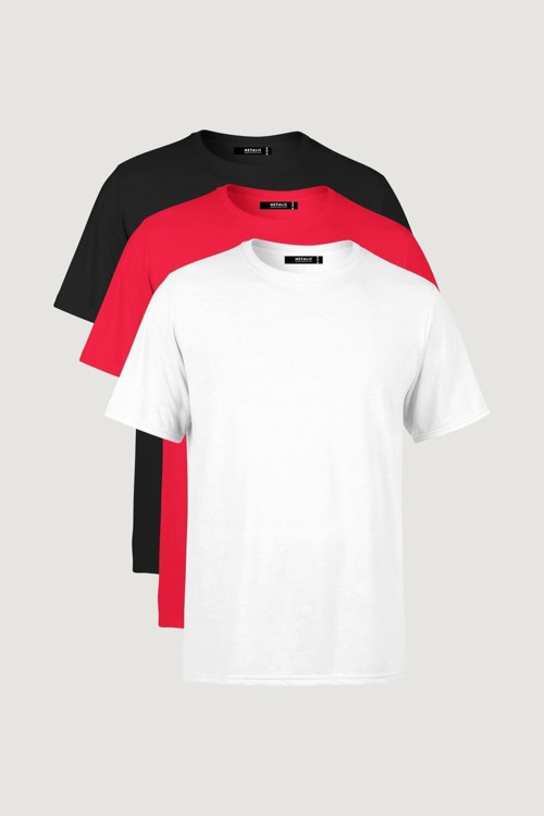 Erkek Çok Renkli %100 Pamuk T- Shirt Regular Fit Rahat Kesim Bisiklet Yaka 3'Lü Basic Tişört Paketi