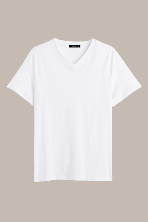 Erkek Beyaz %100 Pamuk Basıc Regular Fit Pamuklu Kısa Kollu V Yaka T-Shirt