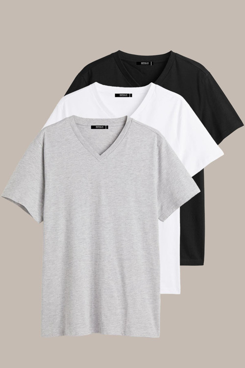 Erkek Çok Renkli %100 Pamuk T- Shirt Regular Fit Rahat Kesim V Yaka 3'Lü Basic Tişört Paketi