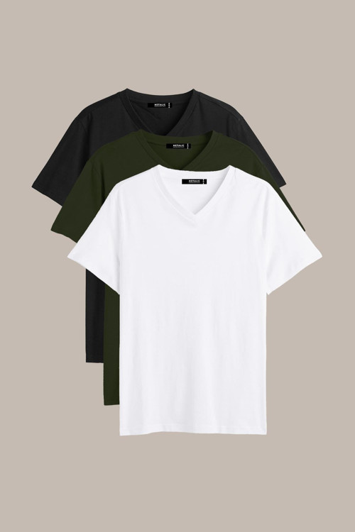 Erkek Çok Renkli %100 Pamuk T- Shirt Regular Fit Rahat Kesim V Yaka 3'Lü Basic Tişört Paketi