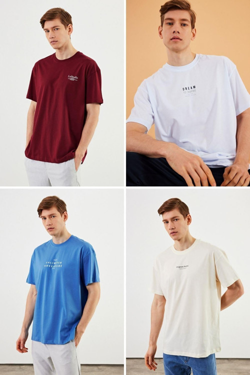 Erkek Oversize T- Shirt Rahat Kesim Bisiklet Yaka 4’Lü Basic Tişört Paketi