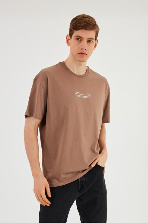 Leo Erkek Oversize Tshirt %100 Pamuk Bisiklet Yaka Baskı Detaylı Basic Vizon Tişört
