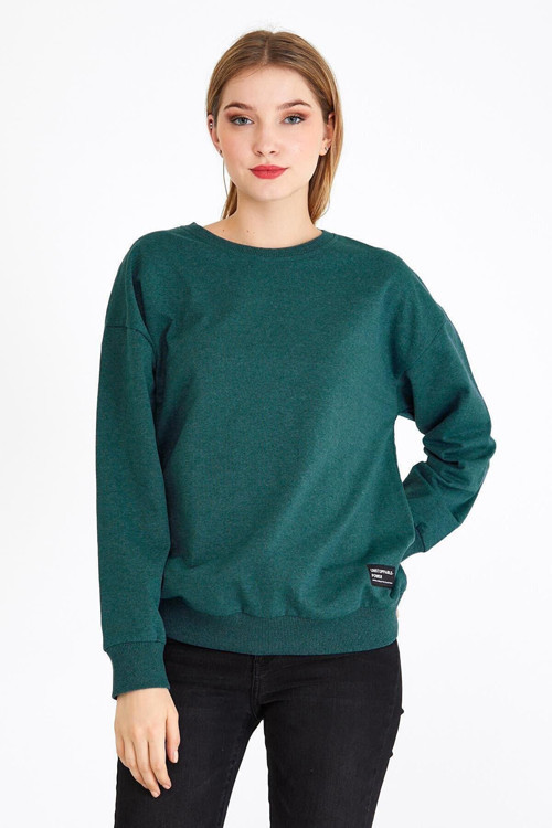 Kadın Yeşil Renk Basic Bisiklet Yaka Sweatshirt