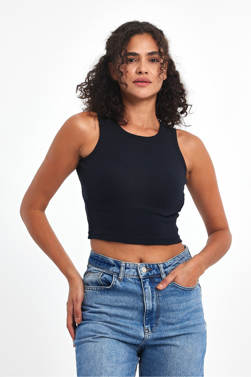 Kadın Lacivert Fitilli Görünümlü Askılı Kalın Esnek Örme Basic Crop Atlet