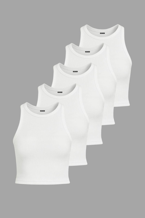 Fitilli Siyah Crop Halter Yaka Sıfır Kol Pamuklu 5'Li Kadın Atlet.
