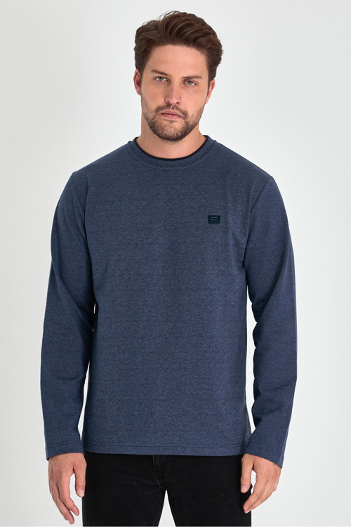Erkek Lacivert Çift Bisiklet Yaka Baskı Detaylı Standart Rahat Kesim Sweatshirt