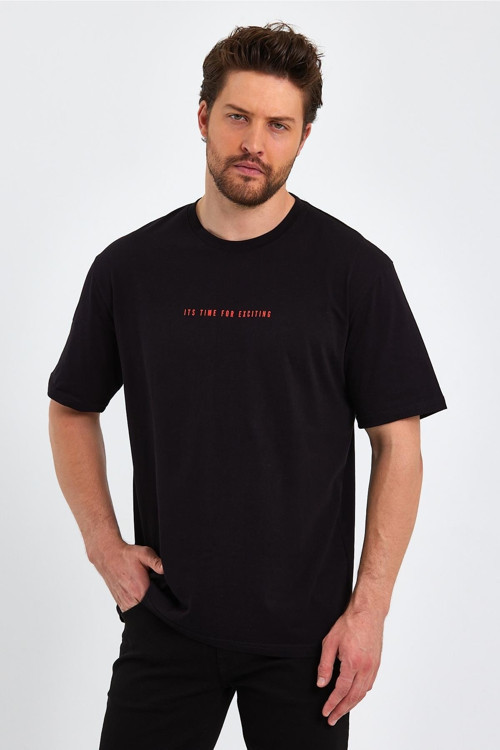 Erkek Siyah Baskılı Basic Oversize Bisiklet Yaka Kısa Kollu T-Shirt