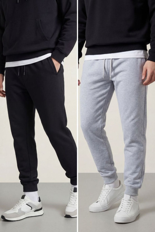 Erkek Siyah-Gri Arka Cep Etiket Detaylı Paça Lastikli Regular Fit 2'Li Eşofman Altı