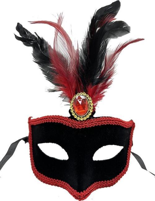Kırmızı Dantelli Siyah Kırmızı Tüylü Siyah Süet Kaplama Parti Maskesi 17x25 cm