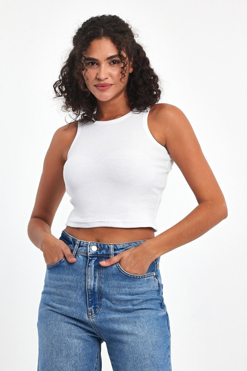 Kadın Beyaz Fitilli Görünümlü Askılı Kalın Esnek Örme Basic Crop Atlet