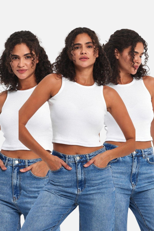 Fitilli Beyaz Crop Halter Yaka Sıfır Kol Pamuklu 3'Lü Kadın Atlet