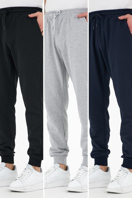 Siyah-Gri-Lacivert 3'Lü Erkek Eşofman Altı Etiketli Arka Ve Yan Cepli Regular Fit Lastik Paça