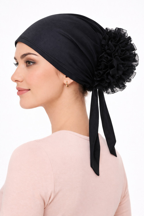 Siyah Penye Tül Topuz Bonesi — Bağlamalı Kaymaz Tesettür Bone-Dikişli Fırfırlı Bone Bandana