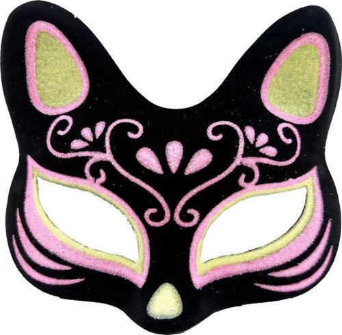 Siyah Renk Süet Kaplama Üzeri Sarı Pembe Simli Kedi Maskesi 17x14 cm