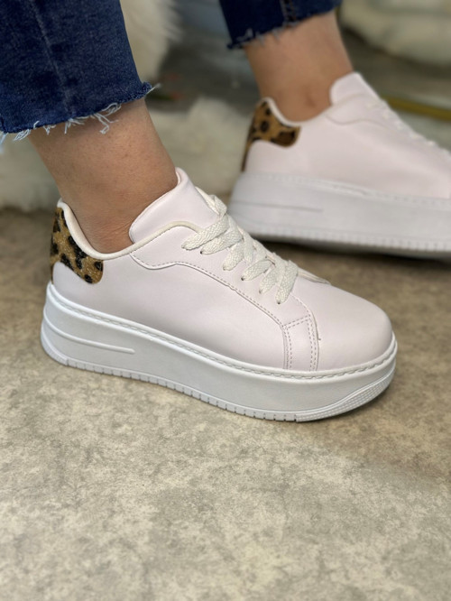 Günlük Kadın Sneaker Bağcıklı Hafif Kalın Yüksek Taban Leopar Detay Yürüyüş Spor Ayakkabı 065
