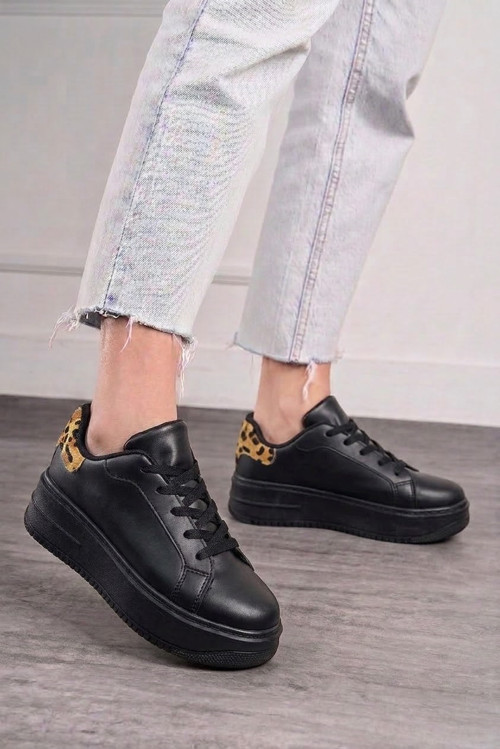 Günlük Kadın Sneaker Bağcıklı Hafif Kalın Yüksek Taban Leopar Detay Yürüyüş Spor Ayakkabı 065