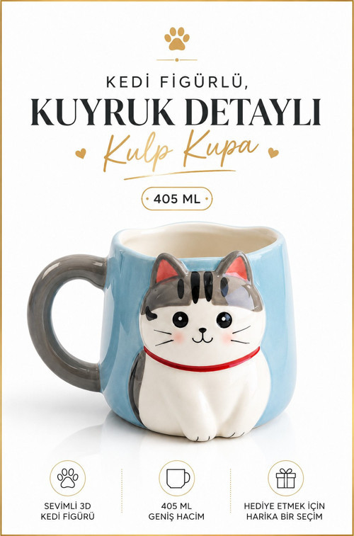 Kuyruk Detaylı Kulp, Açık Mavi 3D Kedi Figürlü Kupa 405 ml