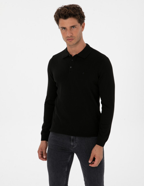 Siyah Slim Fit Polo Yaka Basic Triko Kazak 50315405-VR046