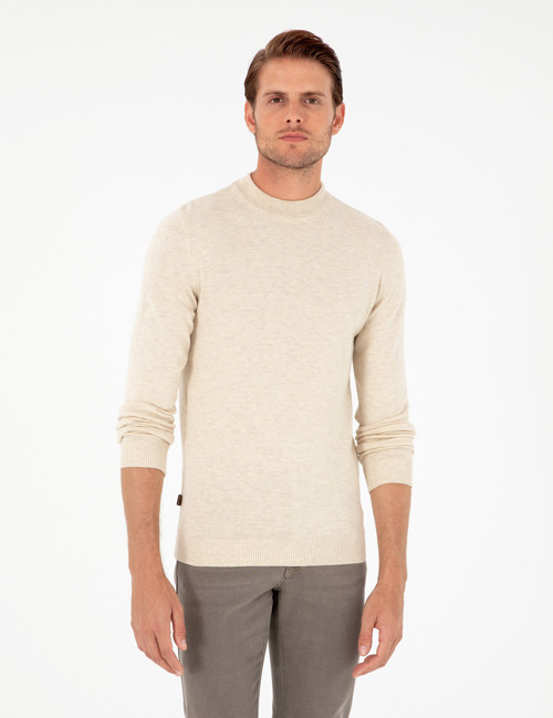 Krem Melanj Slim Fit Çeyrek Yaka Basic Triko Kazak 50296564-VR159