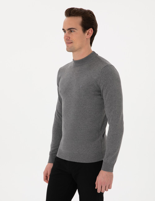 Gri Melanj Slim Fit Çeyrek Yaka Basic Triko Kazak 50296564-VR086