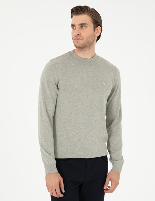 Açık Gri Melanj Slim Fit Çeyrek Yaka Basic Triko Kazak 50296564-VR091