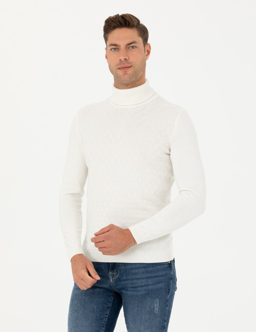 Ekru Slim Fit Balıkçı Yaka Triko Kazak50278094-VR019