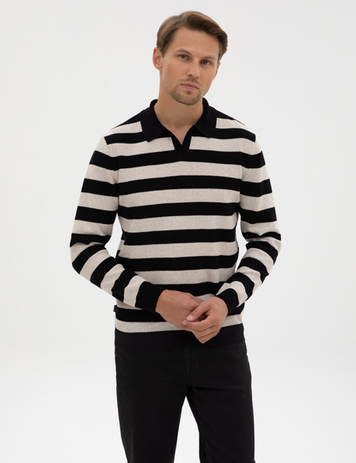 Siyah Slim Fit Keten Karışımlı Apaş Yaka Triko Kazak 50315949-VR046