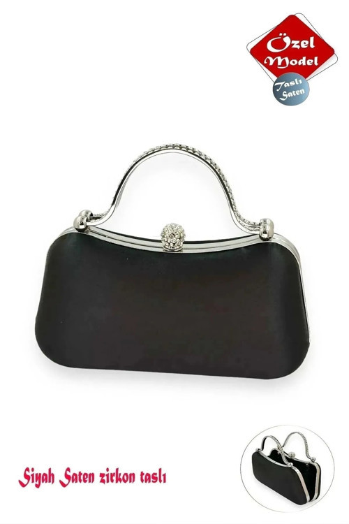 Abiye Çanta Siyah Saten Gümüş Kasa Zirkon Taşlı Şık Çanta Zarif Bir Tasarımdır