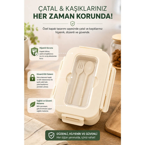 Kilitli Sızdırmaz Çatal Kaşıklı 2 Bölmeli Beslenme Kabı Krem