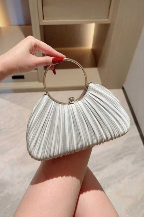 Gümüş Saten Yeni Model Pliseli Abiye Çanta Kol/El Çantası İnci Taşlı Abiye Şık Çanta Gümüş Kasa