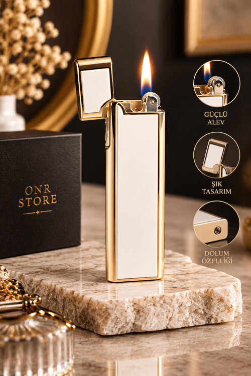 İnce Slim Gaz Dolumlu Metal Gold Kapaklı Premium Şık Tasarım
