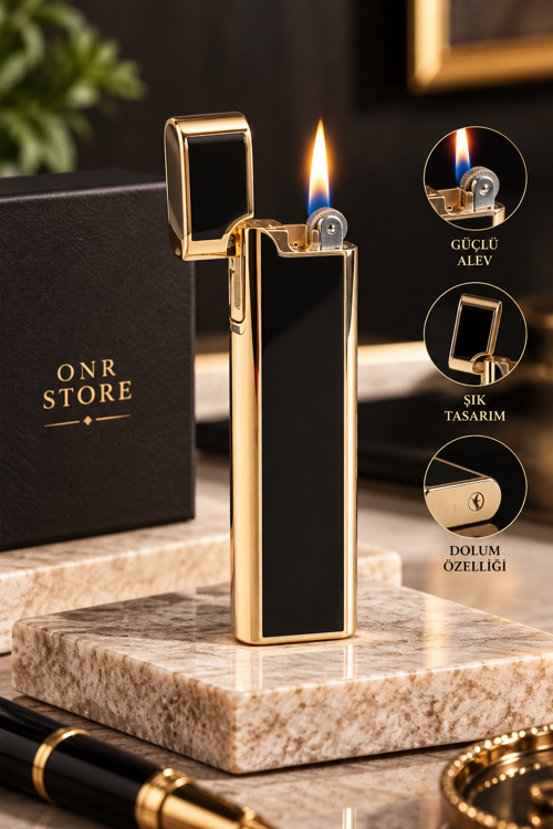 İnce Slim Gaz Dolumlu Metal Gold Kapaklı Premium Şık Tasarım