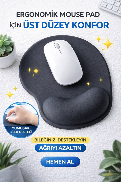 Siyah Bilek Destekli Ergonomik - Kaymaz Taban Mouse Pad