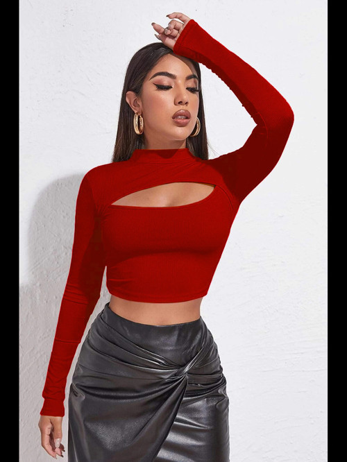 Fantezia Night Kadın Kırmızı Göğüs Dekolteli Uzun Kollu Cut Out Crop Top Bluz
