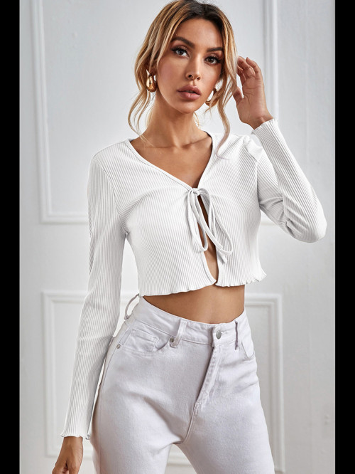 Fantezia Night Kadın Beyaz Uzun Kollu Önden Bağlama Detaylı Crop Top Bluz