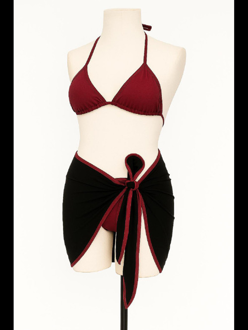 Fantezia Night Kadın Bordo Siyah Pareolu Yandan ve Boyundan Bağlamalı 3'lü Bikini Takımı