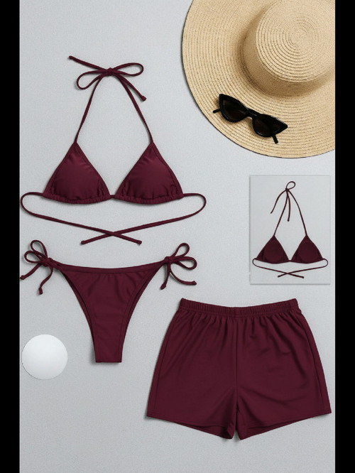 Fantezia Night Kadın 3'lü Set Bordo Şortlu ve Yandan Bağlamalı Bikini Mayo Takımı