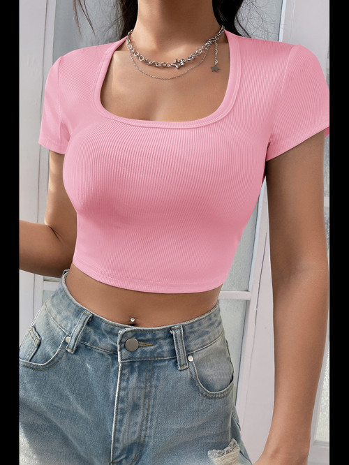 Fantezia Night Kadın Pembe Yarım Kol Düz Yaka Crop Top Bluz