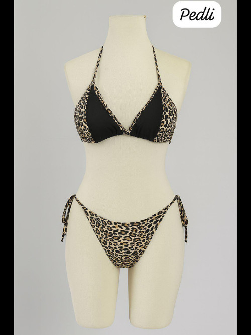Fantezia Night Kadın Siyah ve Leopar Detaylı Yandan Bağlamalı Bikini Takımı