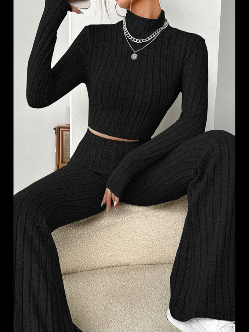 Fantezia Night Kadın Siyah Boğazlı Crop Top ve Yüksek Bel Eşofman Takımı Spor Şık Kombin