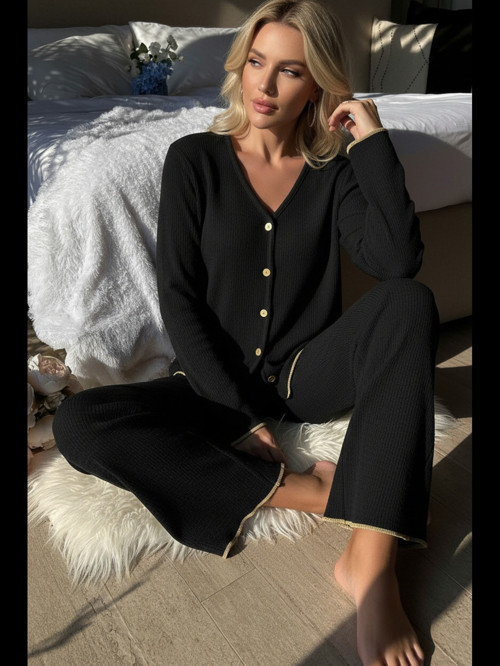 Fantezia Night Premium Kadın Fitilli Pijama Takımı – Siyah Gold Biye Detaylı, Yumuşak Dokulu Ev Şıklığı